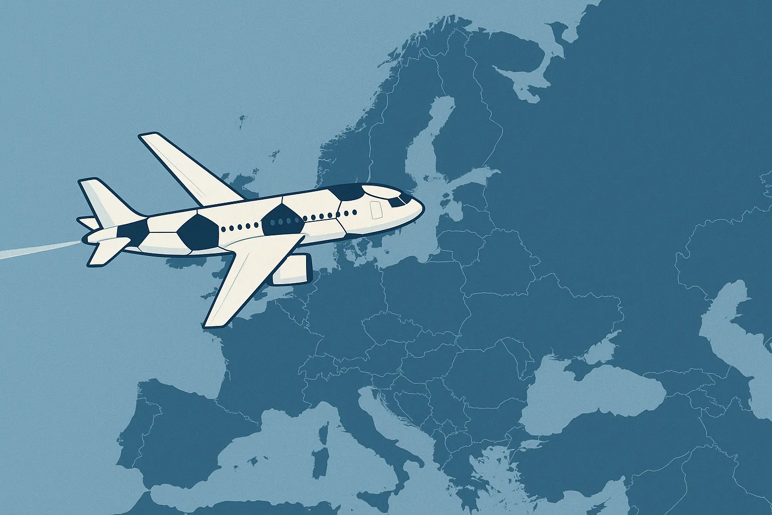 Fodboldfly over Europa – stiliseret kort og sportsrejser i fokus